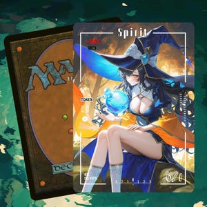 May include: A Magic: The Gathering card featuring a female anime-style character in a witch's hat and robes, holding a glowing blue orb. The card is labeled "Spirit" and "Token". The background is a blurred forest scene.