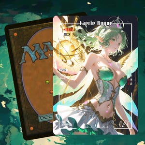 May include: A Magic: The Gathering card featuring a fantasy illustration of a green-haired fairy with wings. The card is labeled "Faerie Rogue" and includes the word "Flying". The card has a decorative border and a recording-style overlay.