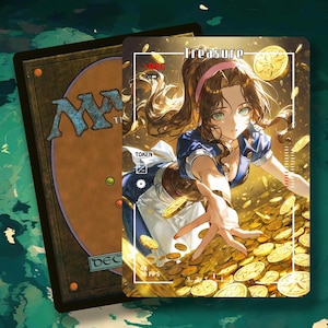 Pode incluir: Uma carta de Magic: The Gathering com uma ilustração em estilo anime de uma mulher estendendo a mão para moedas de ouro. A carta é rotulada como "Treasure" e inclui a palavra "Token". O verso da carta mostra o logotipo Magic: The Gathering.