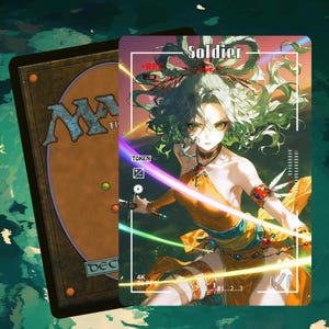 May include: A Magic: The Gathering card with a fantasy illustration of a woman in yellow and blue attire, with green hair. The card is labelled "Soldier" and "TOKEN". The background is a blend of green and blue hues, with a blurred effect.
