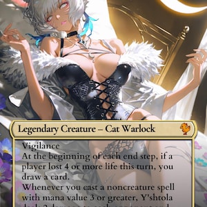 May include: A Magic: The Gathering card featuring Y'shtola, Night's Blessed, a Cat Warlock. The card art depicts a female character with white hair, cat ears, and a black outfit. The card text includes abilities like Vigilance and drawing cards.