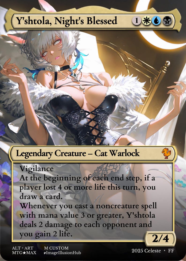 May include: A Magic: The Gathering card featuring Y'shtola, Night's Blessed, a Cat Warlock. The card art depicts a female character with white hair, cat ears, and a black outfit. The card text includes abilities like Vigilance and drawing cards.