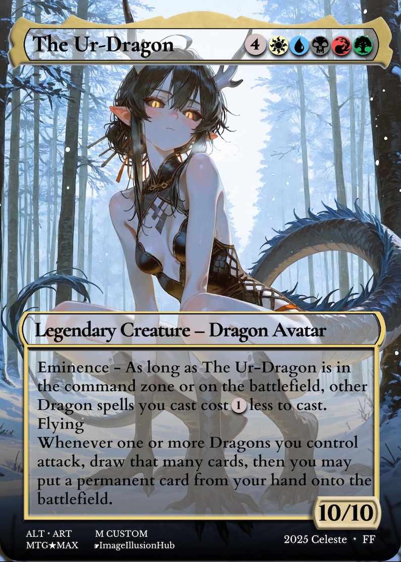 K&ouml;nnte beinhalten: Eine Fantasy-Karte mit "The Ur-Dragon", einem Drachen-Avatar. Das Kunstwerk zeigt eine humanoide Figur mit drachenartigen Merkmalen vor einer verschneiten Waldkulisse. Die Karte enth&auml;lt Text, der ihre F&auml;higkeiten und Werte detailliert, mit einer St&auml;rke/Z&auml;higkeit von 10/10.