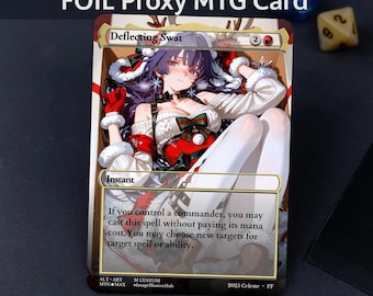 Può includere: Una carta MTG "Deflecting Swat" con un'illustrazione fantasy. La carta presenta una donna in un abito rosso e bianco. Il testo "FOIL Proxy MTG Card" e "Instant" sono visibili. La carta è etichettata "Not for tournament play."