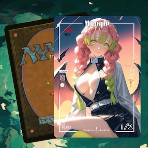May include: A Magic: The Gathering card featuring an anime-style illustration of a woman with pink hair and green eyes. The card has the text "Moogle" at the top and "Lifelink" and other game-related symbols. The card is set against a background of a sunset and bats.