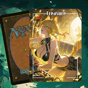 May include: A rectangular trading card featuring a digital illustration of a blonde character with cat ears in a black outfit, set against a background of gold coins and a tunnel. The card includes the text Treasure, Token, and 4K 50 FPS.