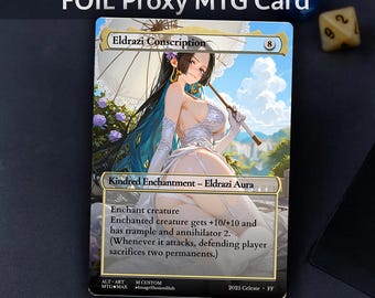 Può includere: Una carta MTG proxy foil con un'illustrazione fantasy di una donna in abito bianco che tiene un parasole. La carta è etichettata "Eldrazi Conscription" e include il testo del gioco. La carta ha anche il testo "Not for tournament play."