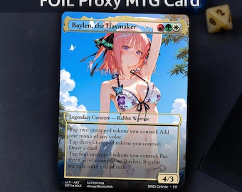 Può includere: Una carta MTG proxy FOIL con "Baylen, the Haymaker", una Creatura Leggendaria. L'artwork della carta raffigura una donna in bikini. La carta ha una forza/resistenza di 4/3 e il testo "Not for tournament play" è visibile.
