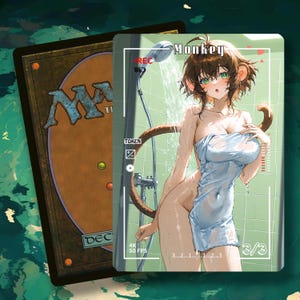 May include: A Magic: The Gathering card featuring a monkey-like character in a shower scene. The card has the word "Monkey" at the top, with "REC", "TOKEN", "4K 50 FPS", and "3/3" displayed. The card is set against a green tiled background.