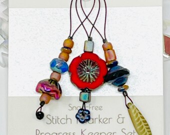 RED FLOWER stitch marker progress keeper set - knitting crochet tool - snag-free and light - jewelry for your knitting - gift for knitters