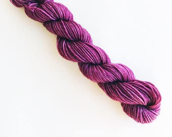 RULE OF PLUM hand dyed yarn mini skein. sock fingering dk yarn, merino wool knitting embroidery. 4 ply. Deep purple red pink wine yarn