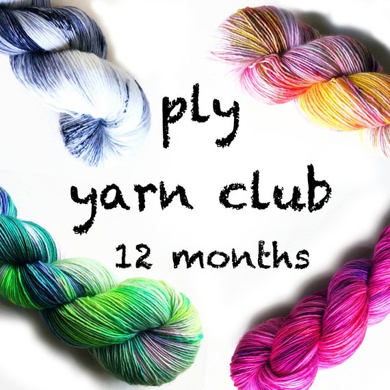 Black crayon writing says "ply yarn club 12 months" in the white center with yarn bundles in each corner in shades of blue, orange and yellow, green, and red and pink. 