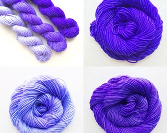 ULTRA VIOLET fade set of hand dyed yarn. Gradient ombre SET of 3 skeins. choose sock dk bulky yarn. choose base. deep - light purple yarn