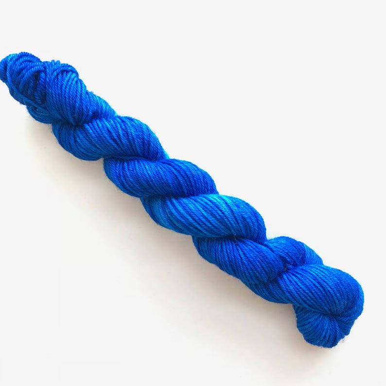 TRUE BLUE hand dyed yarn mini skein. sock fingering dk yarn, merino wool knitting embroidery. sock mini 4 ply. semi-solid blue yarn image 1