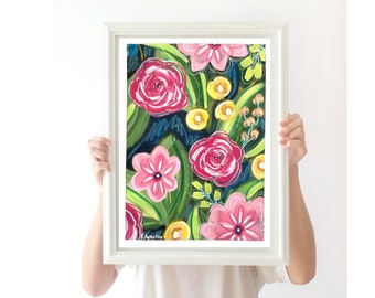 Modern Floral Original Painting, Flowers Original Painting, Acrylic Botanical Painting, Pink Flowers Painting