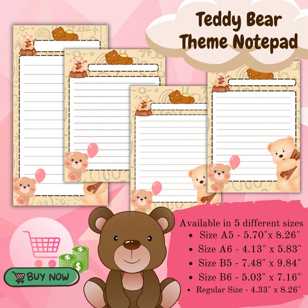 Teddy Bear Theme Notepad and Memo Pad in different sizes | Instant Download and Printable