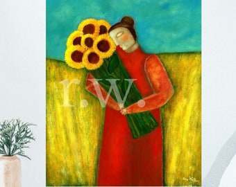 Regalo di pittura d'arte popolare The Harvest di Rose Walton per giardinieri, regalo per agricoltori, pittura di vita agricola, arte cottagecore, regalo per gli amanti dei girasoli