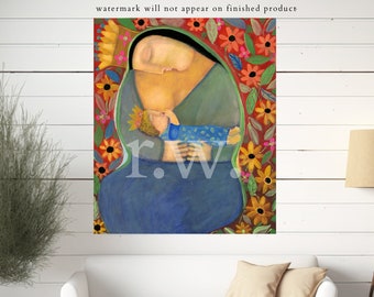 Madonna che allatta in blu con angelo di Rose Walton, regalo di arte popolare per la festa della mamma, regalo per mamma religiosa, regalo per la nonna