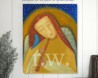 Angel In The Morning di Rose Walton arte da parete moderna arte popolare contemporanea arte religiosa cristiana regalo per la nonna amante degli uccelli regalo per flautista