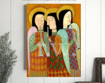 Trio di angeli di Rose Walton regalo con stampa su tela per collezionista di arte popolare, regalo religioso cattolico, regalo per collezionisti di angeli, regalo per musicisti