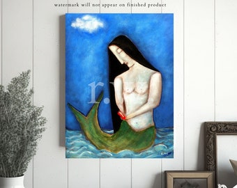 The Mermaids Red Slippers by Rose Walton canvas wrap print mermaid lover gift folk art collector gift coastal decor fun art primitive art