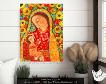 Arte popular Madonna con ángel de Rose Walton regalo de arte popular para el regalo del día de la madre para el regalo de la madre religiosa para la abuela, la madre y el niño