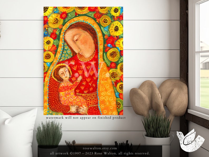 Folk Art Madonna with Angel by Rose Walton folk art gift for mother's day gift for religious mom gift for grandmother mother and child image 1