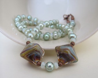 Pearl Necklace, Mint Green Pearls, Copper Necklace, Lampwork Glass, Rusty Brown, Pale Green, Beaded Necklace