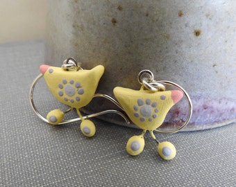 Ceramic Earrings, Silver Earrings, Bird Earrings, Clay Earrings, Yellow Birds, Ceramic Charms