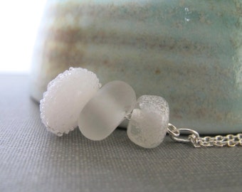 Silver Necklace, Glass Necklace, Winter White, White Sugar, Frosted White, Silver Chain, Lampwork Glass, Silver Jewelry