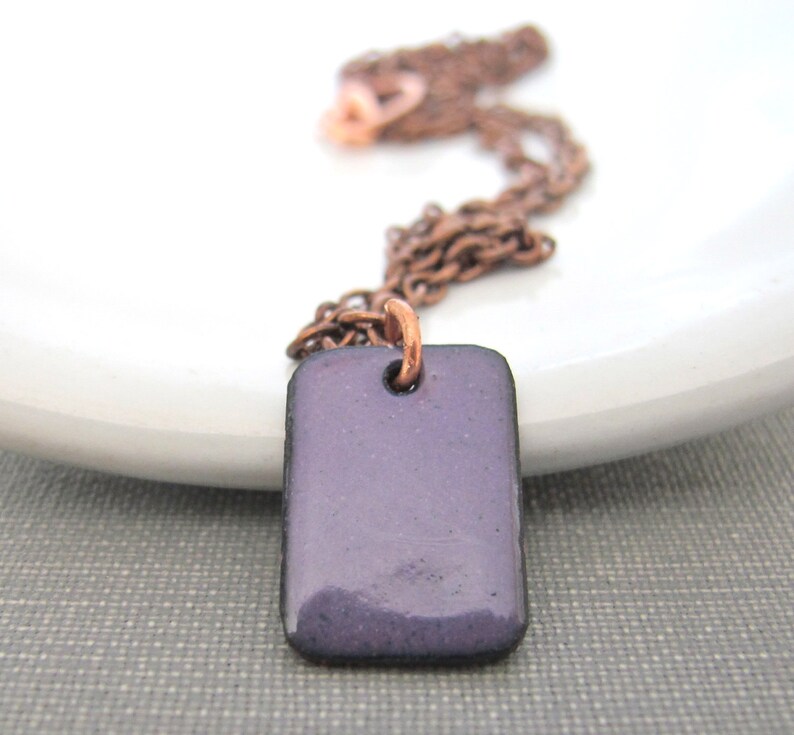 Purple Necklace, Enameled Necklace, Copper Necklace, Enameled Copper, Dark Violet, Geometric Necklace, Purple Tile, Copper Chain image 2