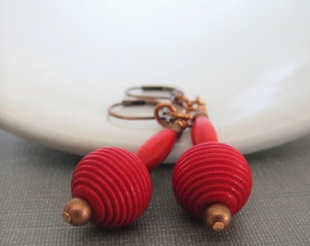 Copper Earrings, Beaded Earrings, Red Ribbed Wood, Wood Earrings, Copper Jewelry, Wood Jewelry, Modern Jewelry
