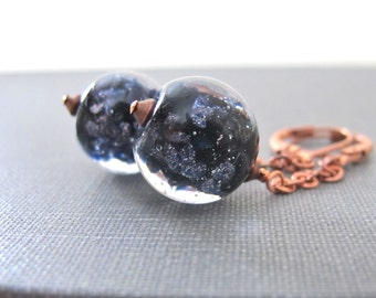 Glass Earrings, Copper Earrings, Black Earrings, Black Blue Glass, Sparkling Glass, Dangle Earrings, Copper Jewelry