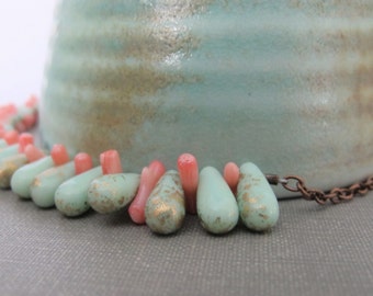 Glass Necklace, Copper Necklace, Coral Mint Glass, Copper Chain, Mint Drop Beads, Coral Pink, Branch Coral, Czech Glass, Copper Jewelry,