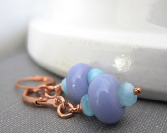 Glass Earrings, Copper Earrings, Lavender Glass, Pale Sky Blue, Lampwork Earrings, Handmade Earrings, Dangle Earrings, Copper Jewelry