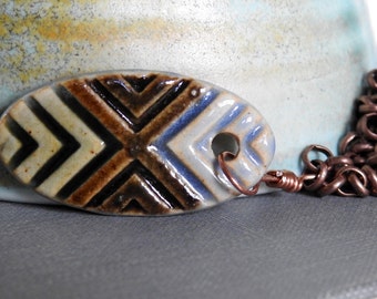 Copper Necklace, Chevron Necklace, Ceramic Pendant, Chain Necklace, Clay Pendant, Copper Jewelry, Earthy Necklace, Handmade Jewelry