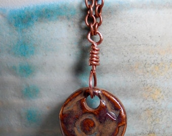 Copper Necklace, Brown Necklace, Ceramic Pendant, Chain Necklace, Brown Pendant, Copper Jewelry, Earthy Necklace, Handmade Jewelry