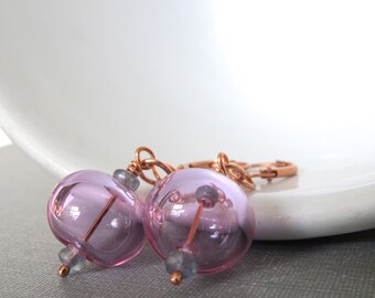 Hollow Glass, Glass Earrings, Copper Earrings, Mauve Purple, Greyed Mauve, Copper Jewelry, Dangle Earrings, Glass Bubbles