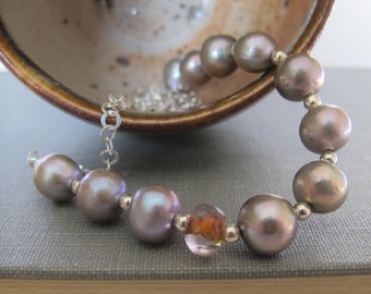 Grey Pearl Necklace, Pearl Jewelry, Beaded Necklace, Silver Chain, Silver Grey Pearls, Apricot Glass, Freshwater Pearls