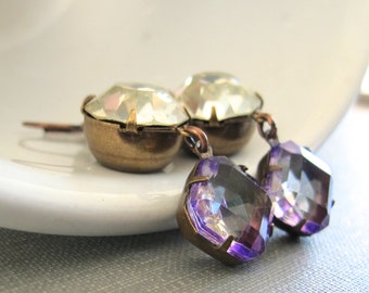 Rhinestone Earrings, Copper Earrings, Copper Jewelry, Vintage Glass, Vintage Rhinestone, Crystal Clear, Purple Glass