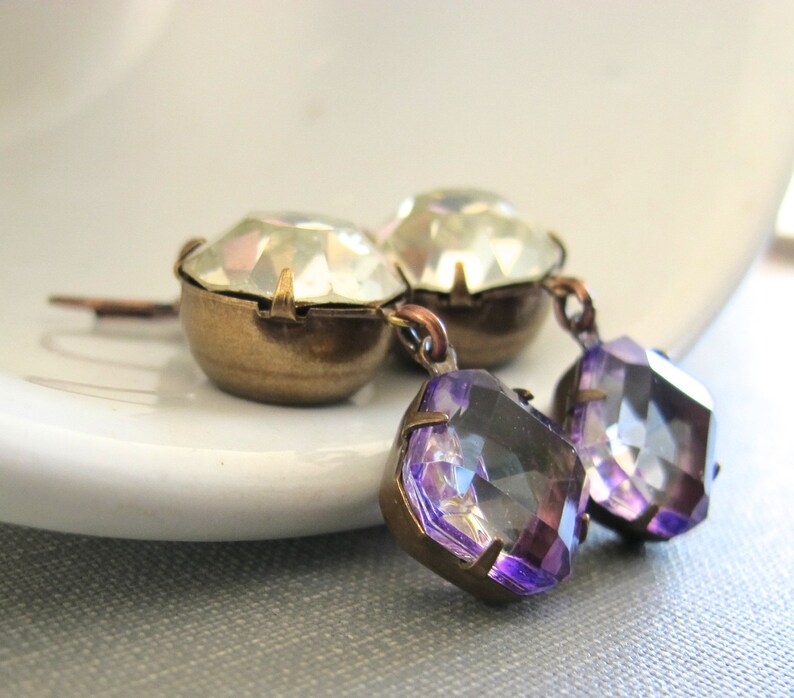 Rhinestone Earrings, Copper Earrings, Copper Jewelry, Vintage Glass, Vintage Rhinestone, Crystal Clear, Purple Glass image 1