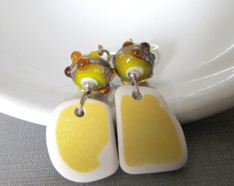 Silver Earrings, Glass Earrings, Pottery Earrings, Yellow and White, Lampwork Glass, Beach Pottery, Pottery Shard, Yellow Ochre