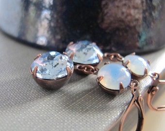 Sapphire Earrings, Sapphire Blue, Copper Earrings, Vintage Glass Charms, Faceted Blue, Rhinestone Earrings