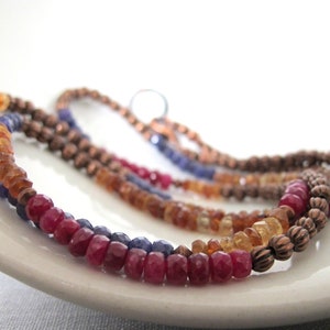 Gemstone Necklace, Red Ruby, Blue Sapphire, Hessonite Garnet, Copper Necklace, Beaded Jewelry, Golden Amber image 2