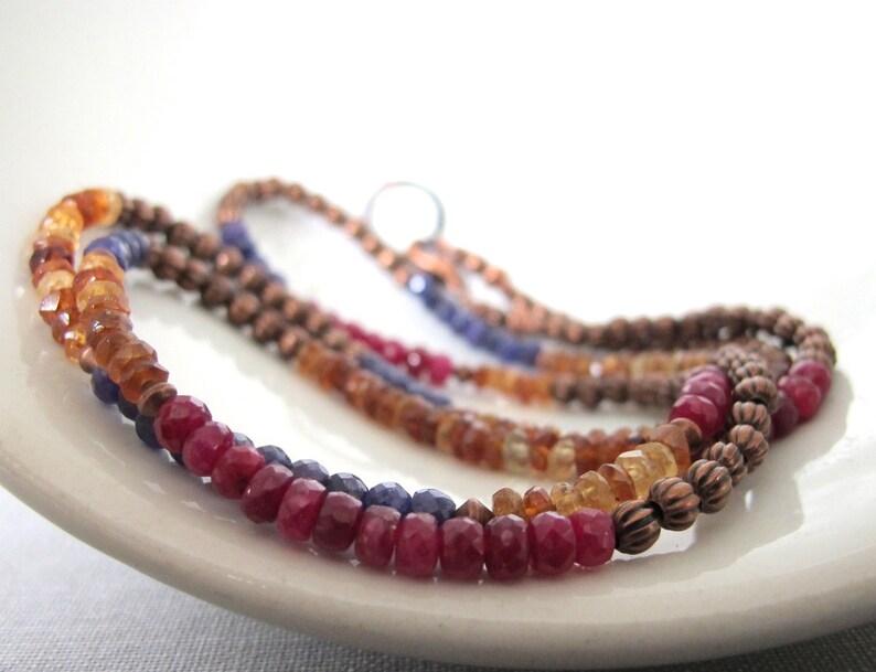 Gemstone Necklace, Red Ruby, Blue Sapphire, Hessonite Garnet, Copper Necklace, Beaded Jewelry, Golden Amber image 2