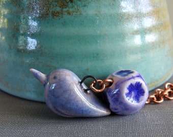 Copper Necklace, Pendant Necklace, Bird Necklace, Ceramic Nacklace, Chain Necklace, Blue Violet, Copper Jewelry, Clay Beads