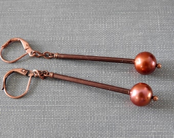 Chocolate Pearls, Pearl Earrings, Freshwater Pearls, Copper Earrings, Chocolate Brown, Reddish Brown, Dangle Earrings, Copper Jewelry