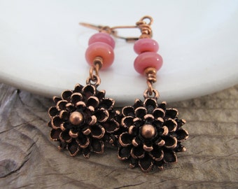 Copper Earrings, Flower Earrings, Rose Pink, Beaded Earrings, Dangle Earrings, Lampwork Glass, Mum Flowers, Copper Flowers