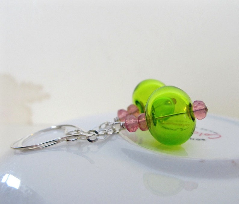 Hollow Glass, Glass Earrings, Silver Earrings, Lime Green, Pale Pink, Silver Jewelry, Silver Chain, Sterling Silver image 2