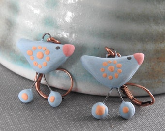 Ceramic Earrings, Copper Earrings, Bird Earrings, Clay Earrings, Blue Birds, Pale Blue, Ceramic Charms